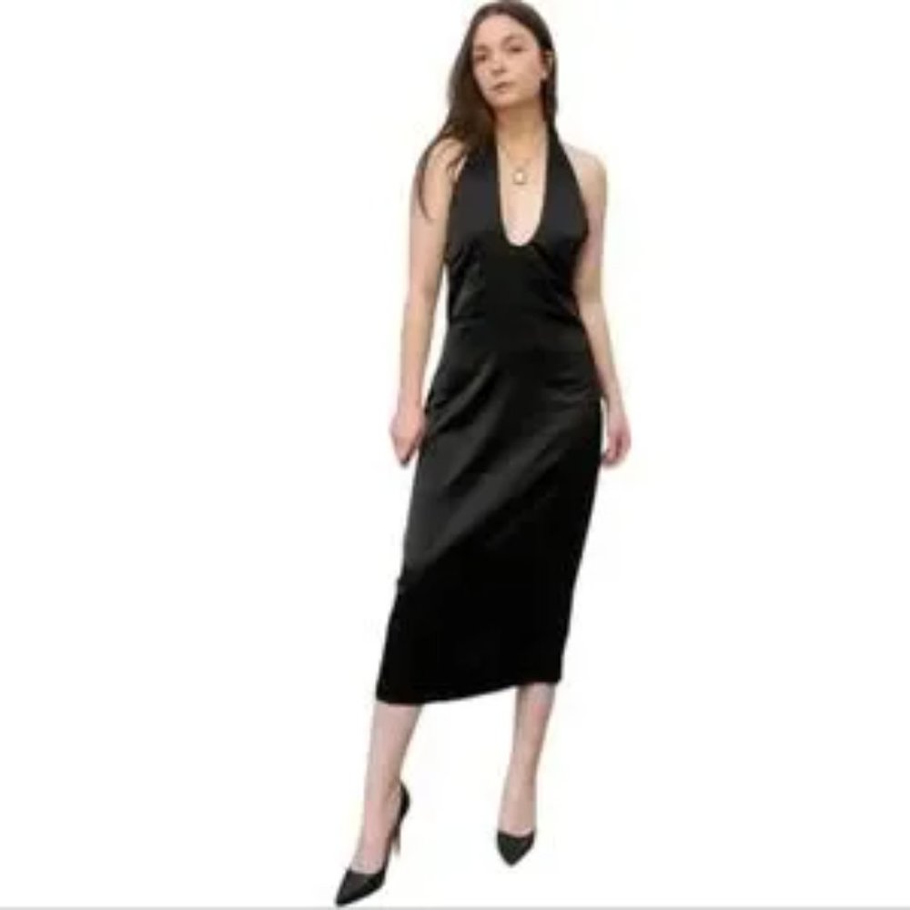 Jason Wu Black Satin Halter Midi‎ Dress Szs S Or M - NWT